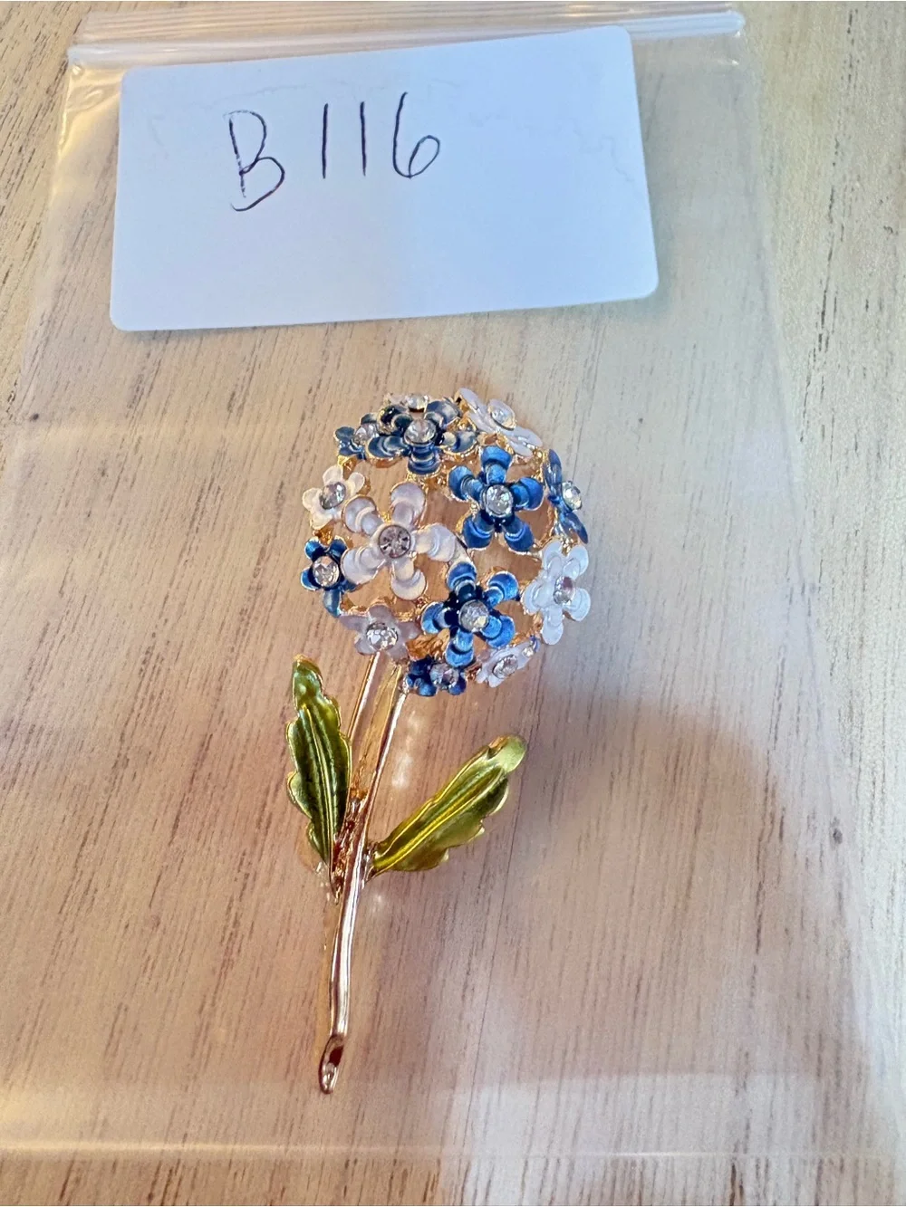 Floral Crystal Cluster Brooch - Blue, White & Green Enamel